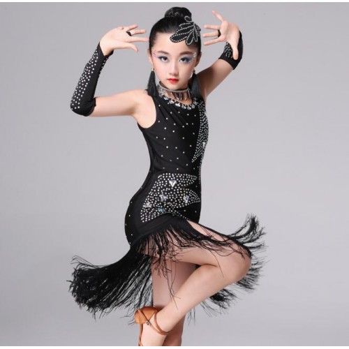 Competition performance latin dress for kids children neon green white black red professional stones fringes salsa chacha rumba dance dress